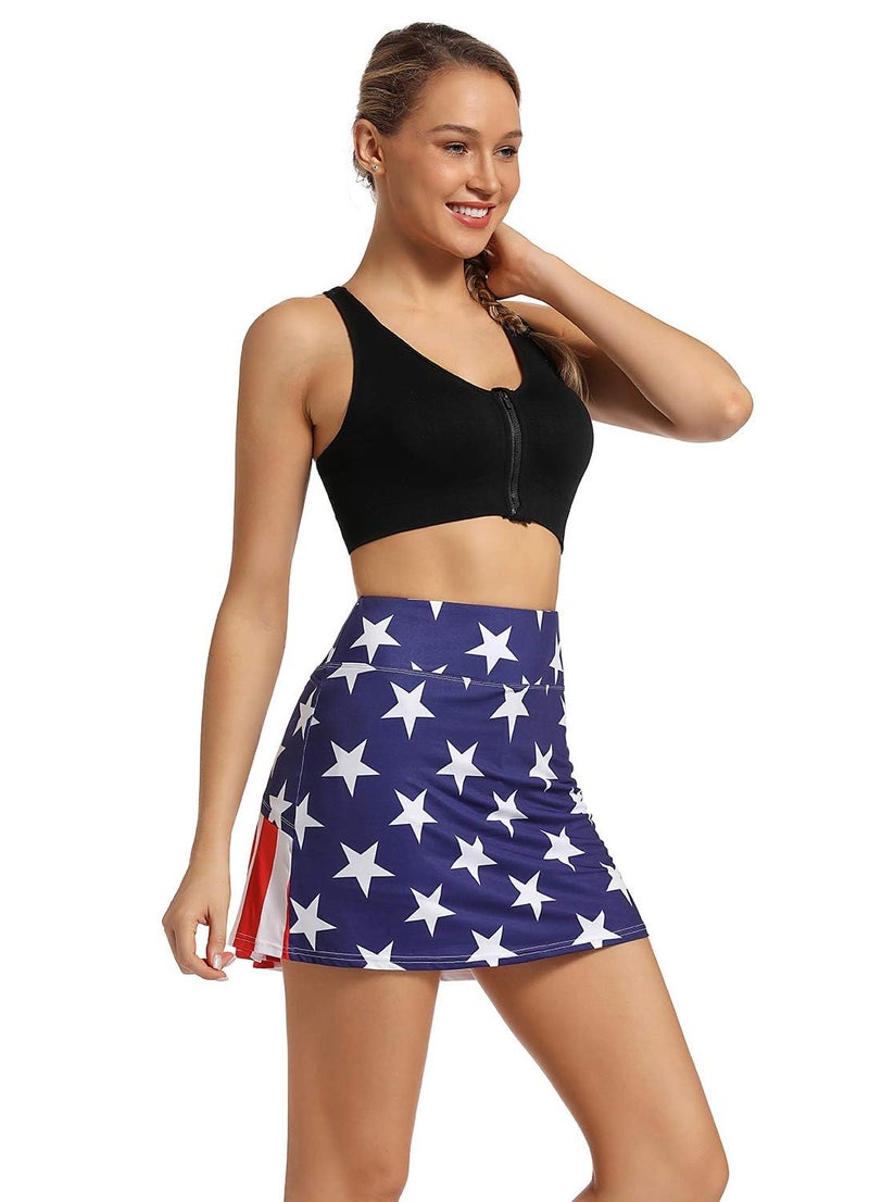 Ibeauti Pleated Tennis Skirt Golf Skort for Women with Pockets Shorts Athletic Workout Running Skirt Ruffle on Back (USA Flag, Small) - Image 2